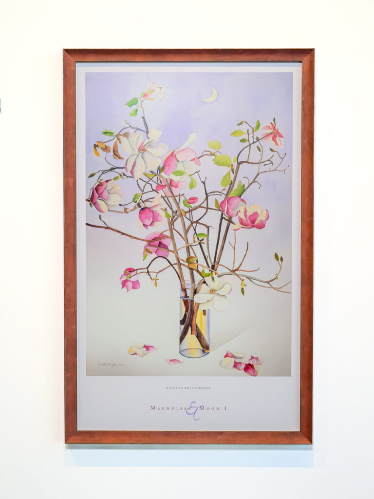 Custom framed Magnolias art print with rust-brown powder-coated frame and museum glass, Underglass San Francisco