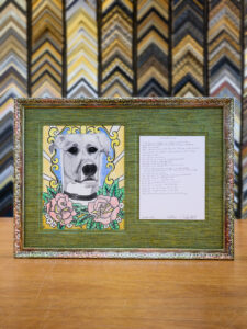 Custom framed dog portrait with double window fabric mat and color-shifting glitter frame, Underglass San Francisco