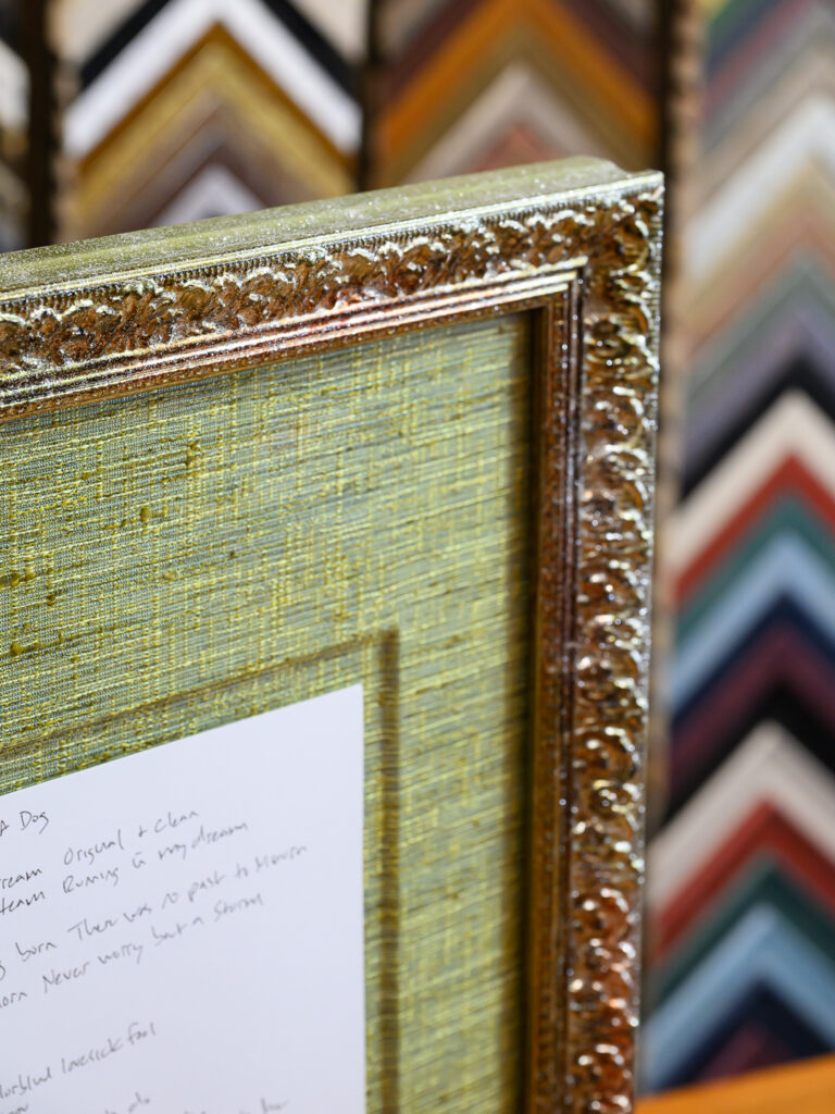 Color-shifting green glitter picture frame, custom frame shop San Francisco Castro District