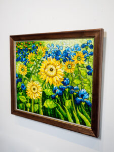 Canvas painting framed with floater frame and walnut outer frame in San Francisco