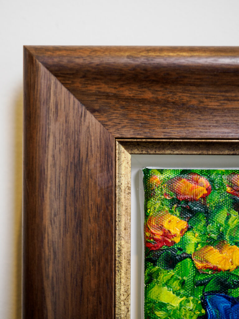 Canvas painting framed with floater frame and walnut outer frame in San Francisco
