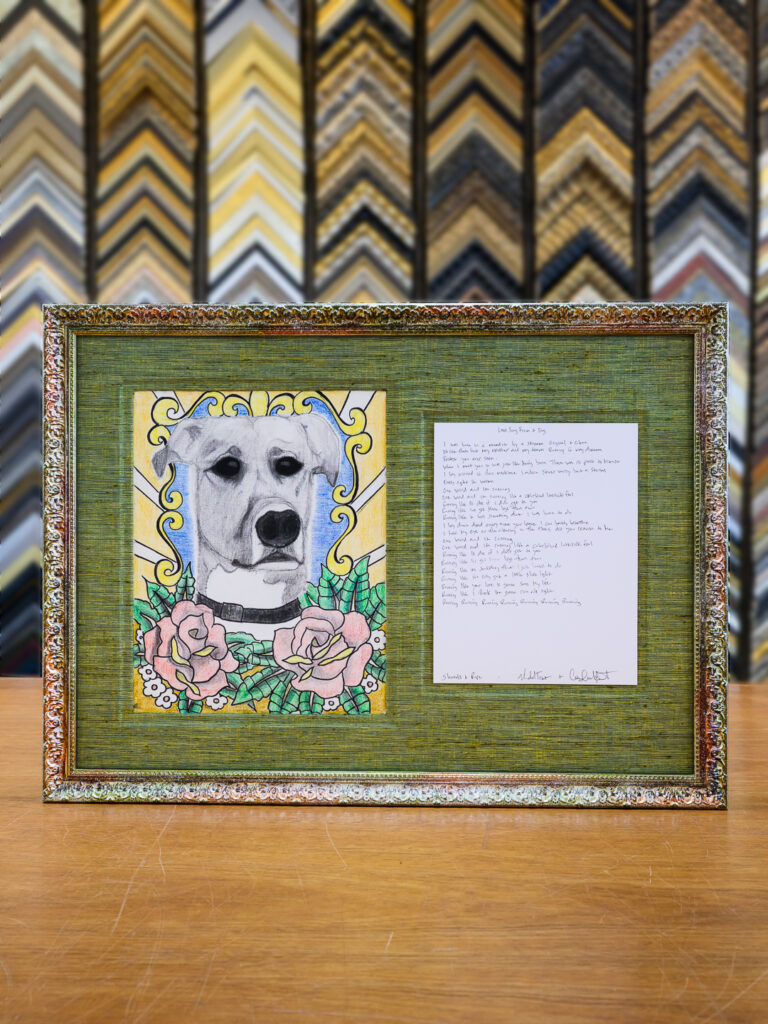 Custom framed dog portrait with double window fabric mat and color-shifting glitter frame, Underglass San Francisco