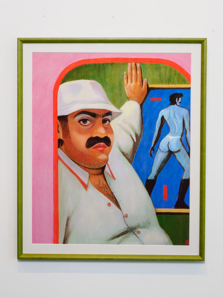 Queer illustration framed with slim green frame and thick white mat in San Francisco