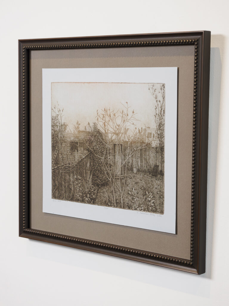 Sepia etching float mounted with tonal mat and dark frame in San Francisco