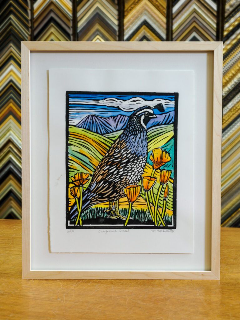 Custom framed Molly Hashimoto California Quail and Poppies woodblock print in clear maple frame, San Francisco frame shop