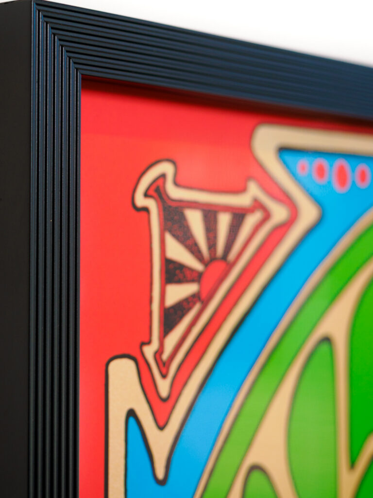 Close-up of black Ribbed Tribeca frame and museum glass with spacer, concert poster framing San Francisco