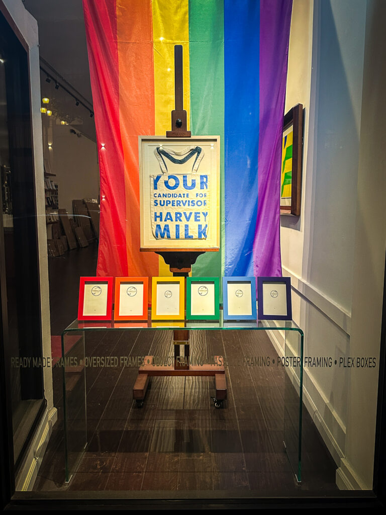 Harvey Milk 1977 campaign tote bag in light hardwood shadowbox with Optium Museum Acrylic, custom framing Castro San Francisco