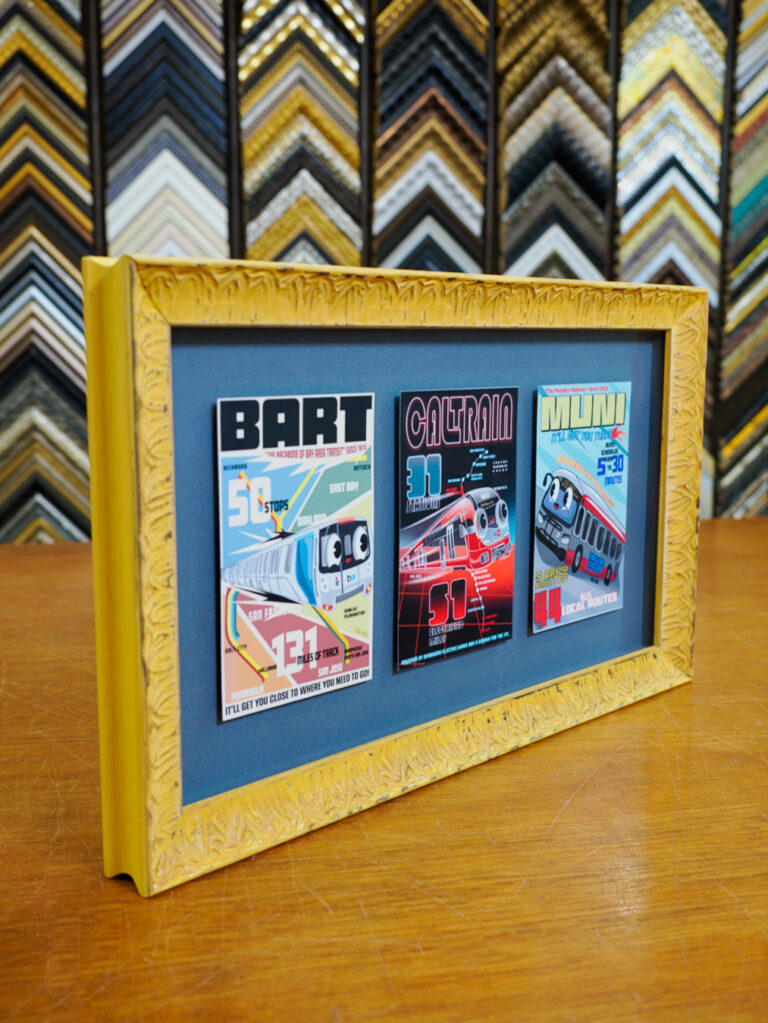 BART Caltrain Muni transit card triptych in yellow vintage shadowbox frame, custom framing Castro San Francisco