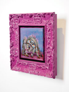 Custom framed small canvas by Bay Area artist Tonee Thee Tiger in pink lacquer ornate frame, Castro frame shop San Francisco