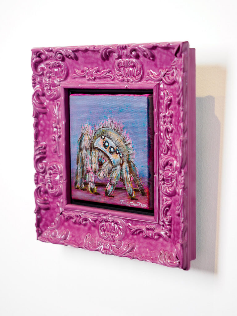 Custom framed small canvas by Bay Area artist Tonee Thee Tiger in pink lacquer ornate frame, Castro frame shop San Francisco