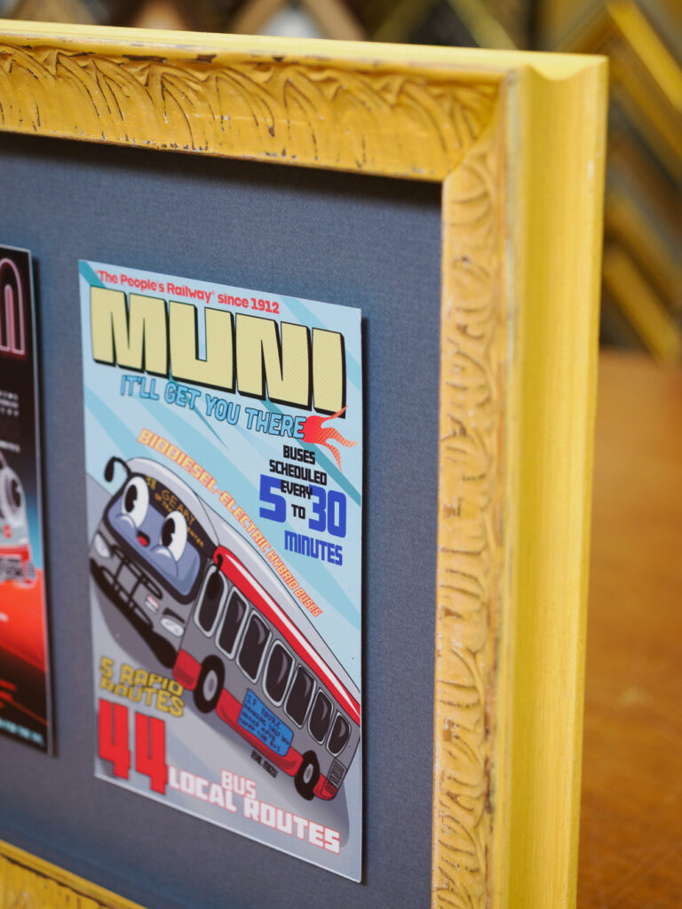 Close-up of yellow vintage frame and blue mat detail, custom shadowbox framing San Francisco Underglass