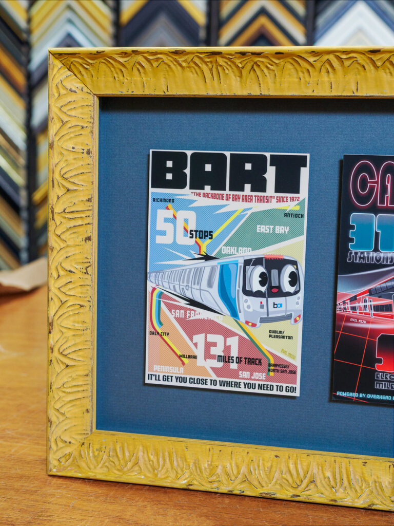 Close-up of yellow vintage frame and blue mat detail, custom shadowbox framing San Francisco Underglass