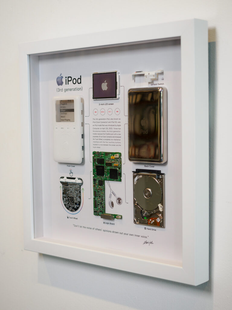 disassembled 3rd generation iPod in white cube shadowbox frame, custom framing Castro San Francisco