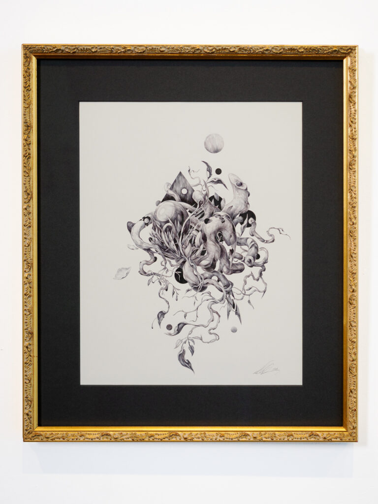 Josh Chance graphite drawing in charcoal mat and antique gold ornate frame, custom picture framing Castro San Francisco