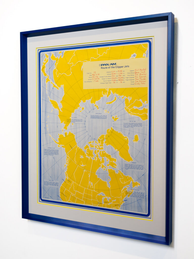 Pan Am Clipper Jet route map in blue frame with blue and yellow double mat, custom map framing Castro San Francisco
