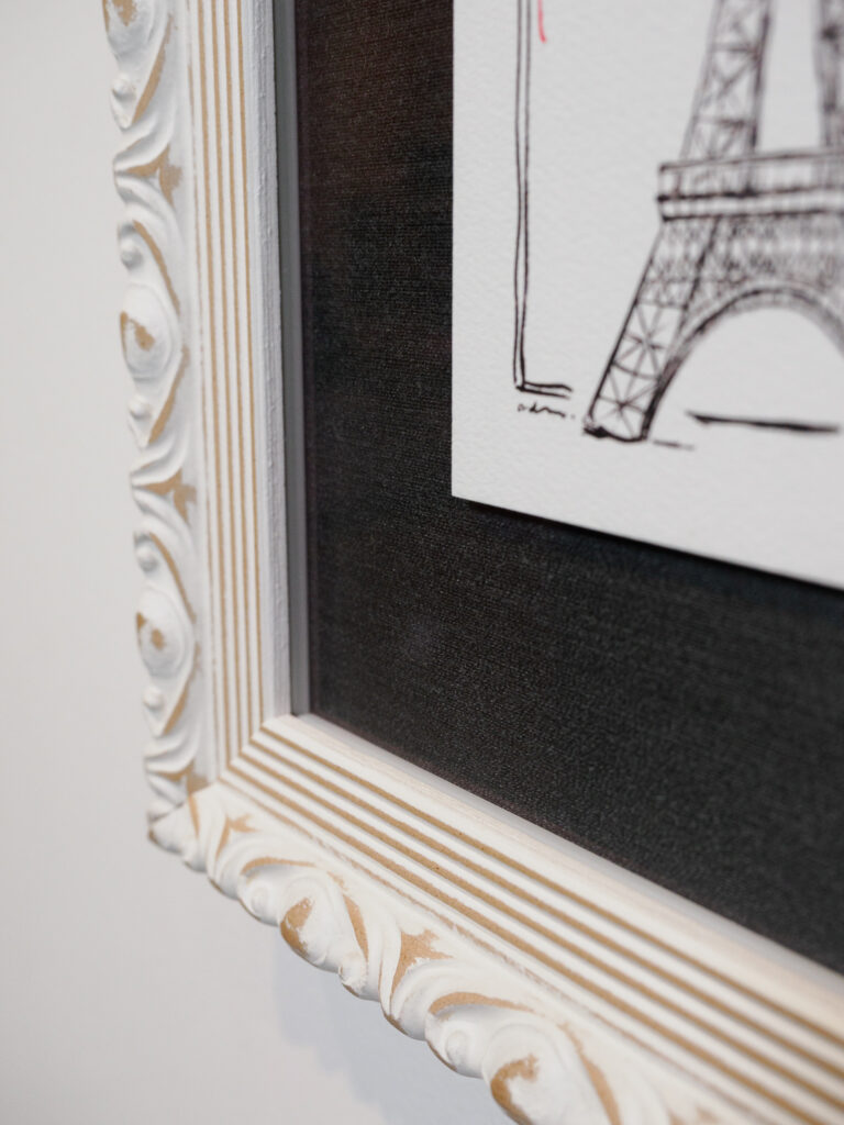 Close-up of floated travel drawings on silk mat with shadow line detail, custom picture framing San Francisco Underglass