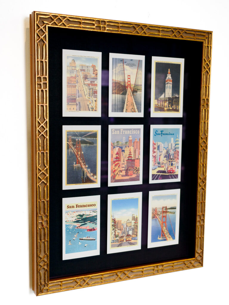 1950s vintage San Francisco tourist cards in black fabric shadowbox with art deco gold frame, Castro frame shop San Francisco