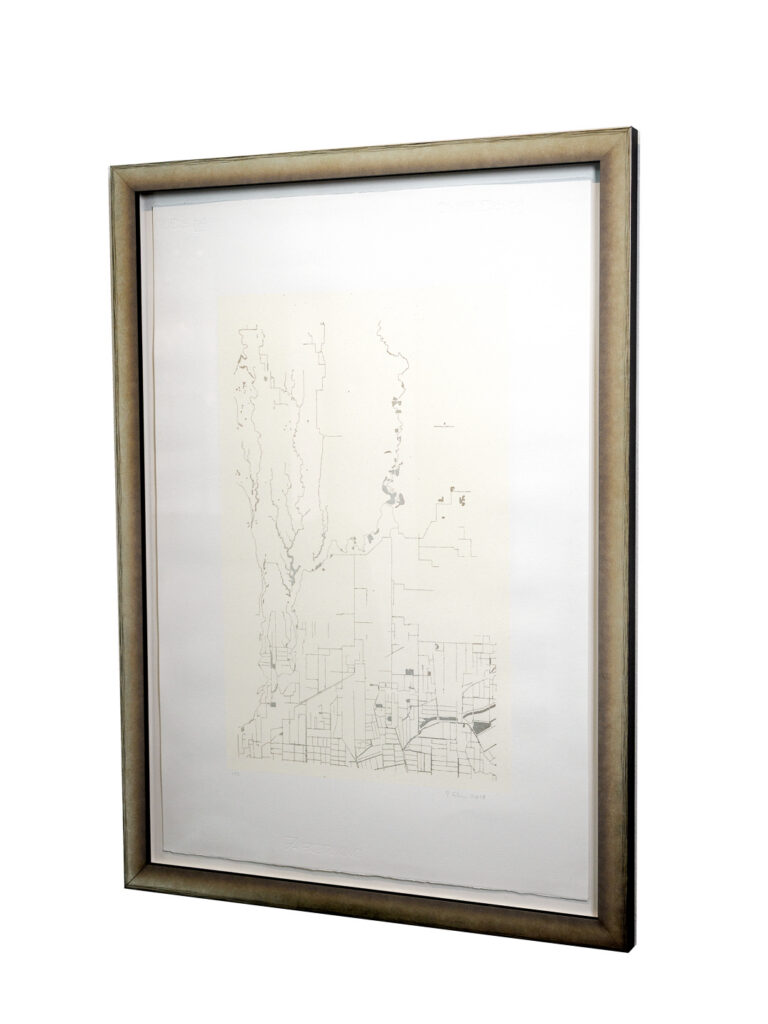 Cartography piece with fine silver linework in matched gray rounded frame with float mount, custom picture framing Castro San Francisco