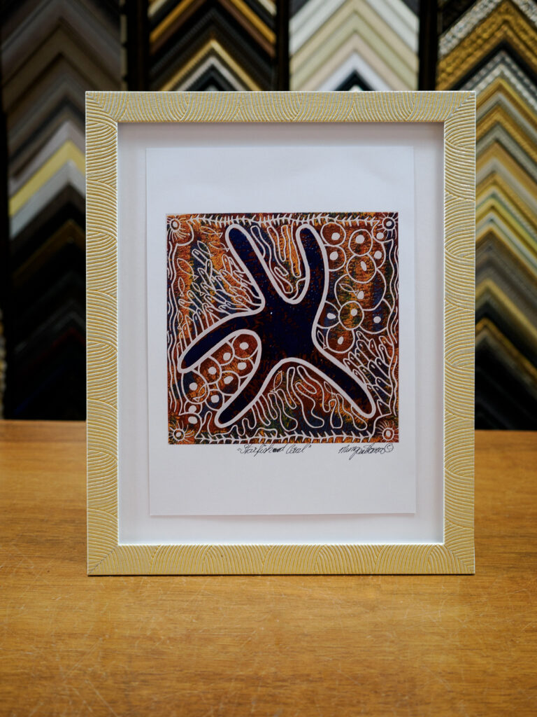 Signed Starfish and Coral fine art print in champagne gold ripple frame with float mount and shadowbox, custom picture framing Castro San Francisco