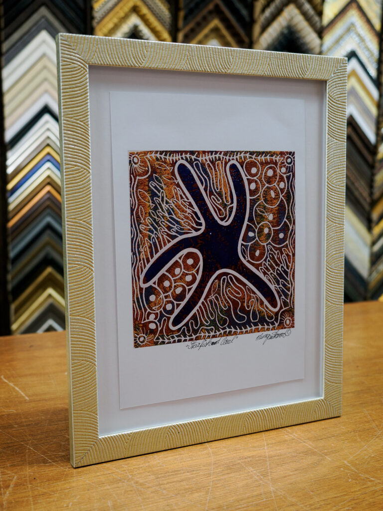 Signed Starfish and Coral fine art print in champagne gold ripple frame with float mount and shadowbox, custom picture framing Castro San Francisco