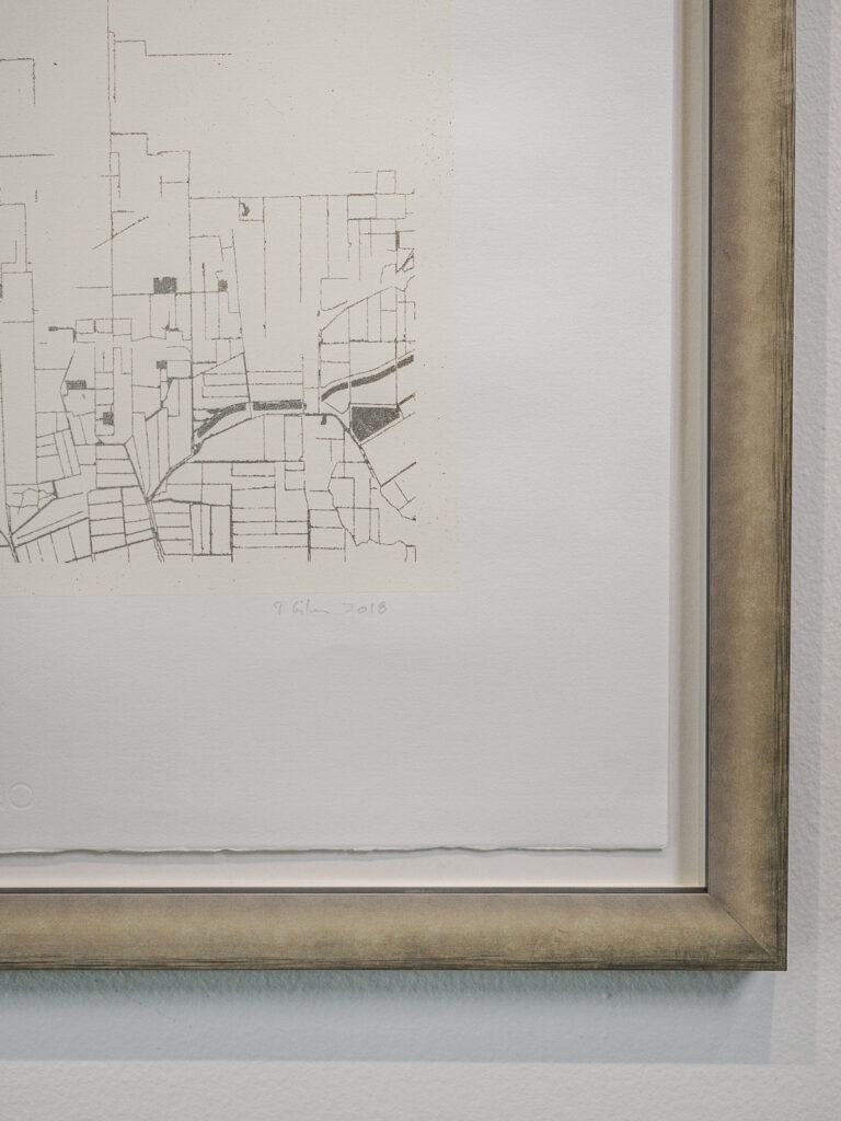 Close-up of float mounted cartography print showing shadow line on mat board, custom picture framing San Francisco Underglass
