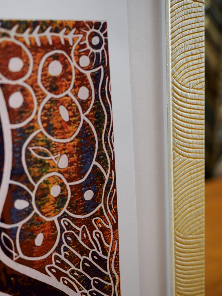 Close-up of quarter inch shadowbox walls with museum glass, custom shadowbox framing Castro San Francisco