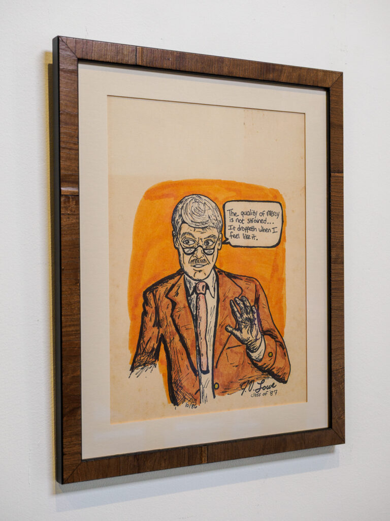 1980s ink and watercolor caricature in heavy brown textured frame with reverse bevel mat, vintage art framing Castro San Francisco