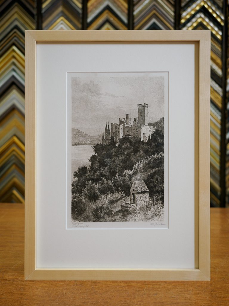 Pencil-signed Stolzenfels Castle vintage etching in maple frame with wide white mat, vintage etching framing Castro San Francisco