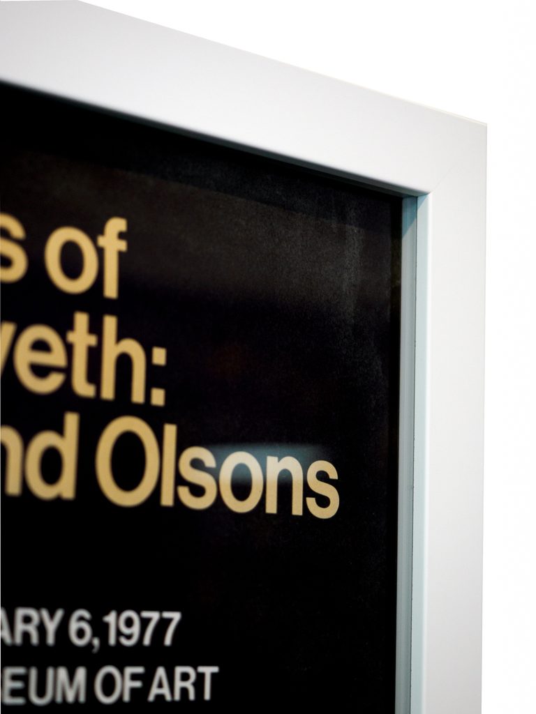 Close-up of white cap frame and spacers on 1977 museum poster, conservation poster framing San Francisco Underglass