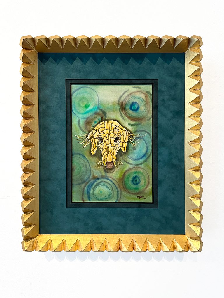 Mosaic dog portrait in gold and teal watercolor, framed with suede mat and Oregon diamond-pattern frame, custom picture framing San Francisco